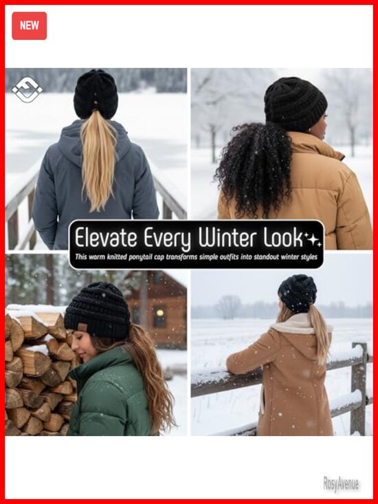 Criss Cross Ponytail Beanie for Women - Warm Winter Knit Hat with Ponytail Hole main image 4